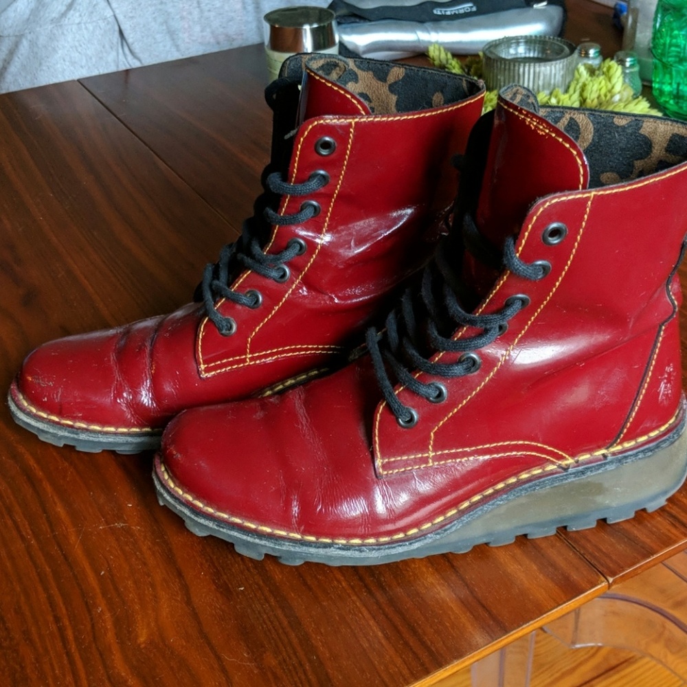 Red patent leather Fly London Boots